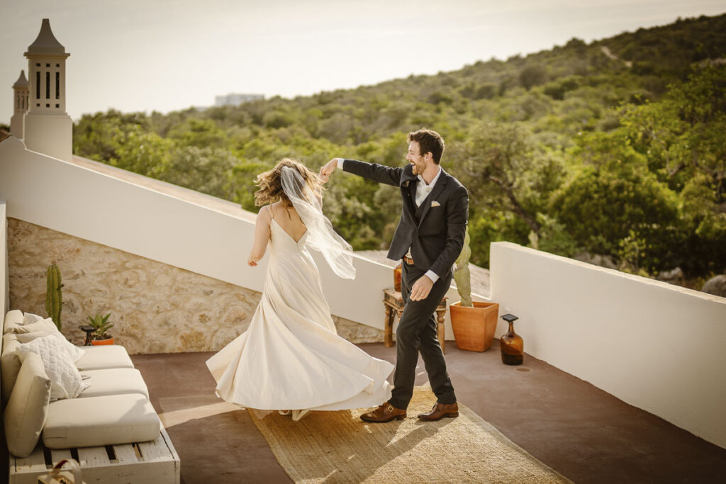 Bride and groom dancing in Loule, Portugal