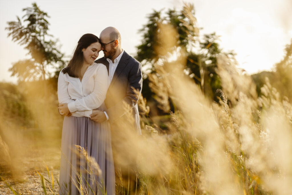 Engagement photo of couple embracing in wheat field