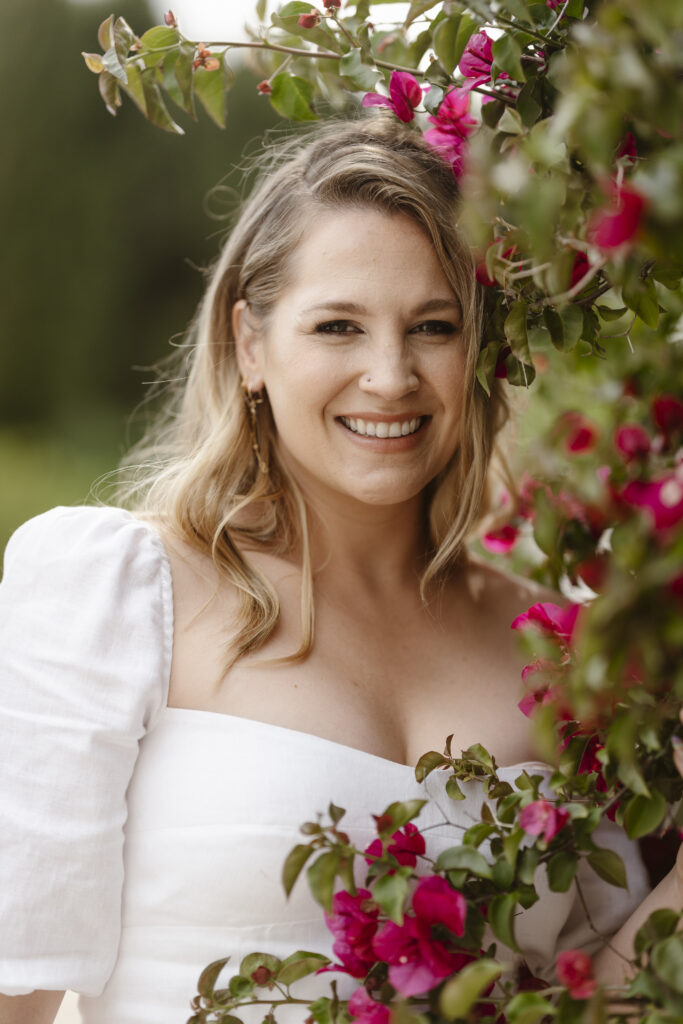 Closeup of bride next to flowers in Alvor, Portugal