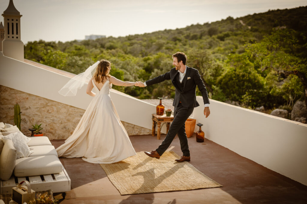 Bride and groom dancing in Loule, Portugal