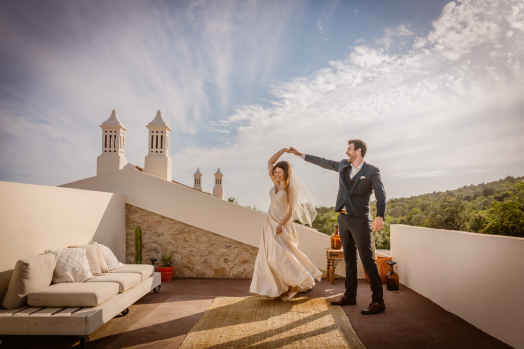 Bride and groom dancing in Loule, Portugal