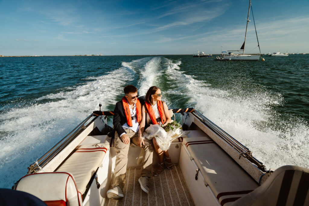 Wedding trip on the speedboat in Portugal.