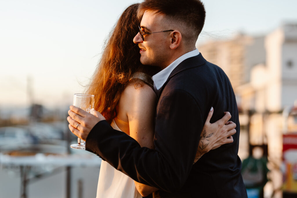 Bride and groom embrace in Algarve, Portugal