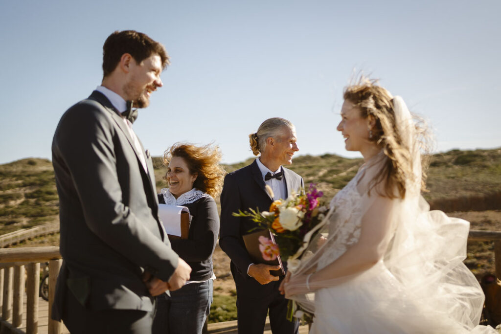 Bride and groom during Elopement in Bordeira, Portugal