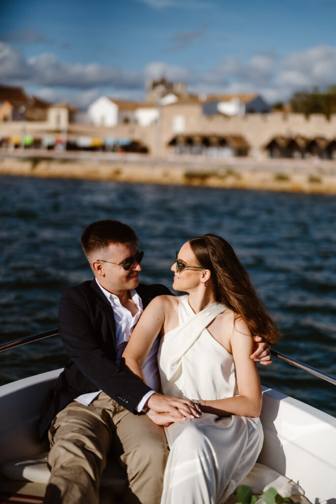Romantic day for bride and groom on the boat in Faro, Portugal.