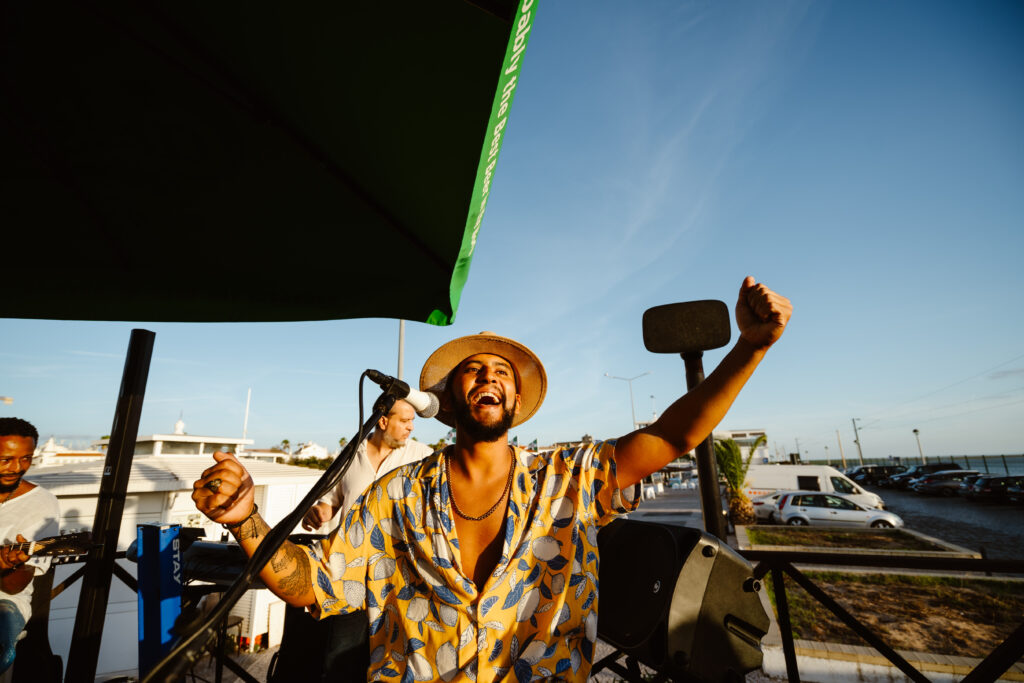 Man sings on stage for wedding in Algarve, Portugal