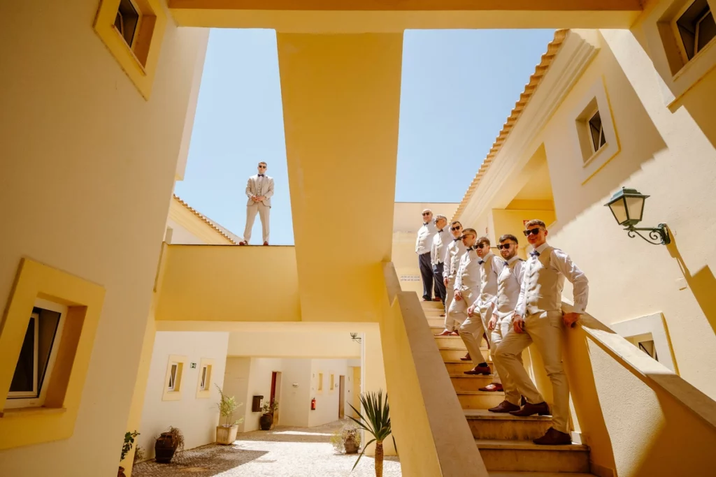 bride-walking-down-villa-stairs-wedding-algarve