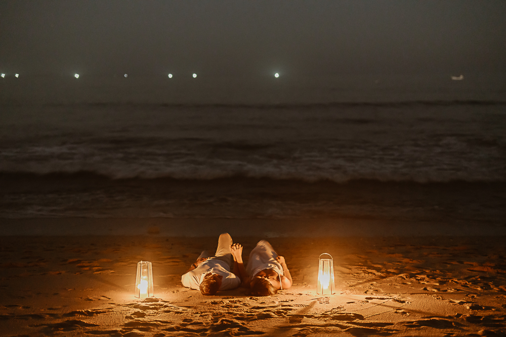 sunrise vs sunset engagement photos algarve couple on beach